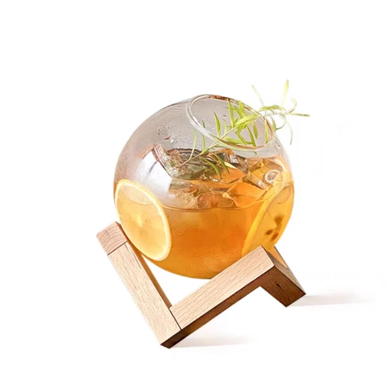 

480ml Spherical Cocktail Glass With Wood Stand Unique Shape Bar Glassware Drink Cup Round Ball Cocktail Cup Glass Cup Bar Tools