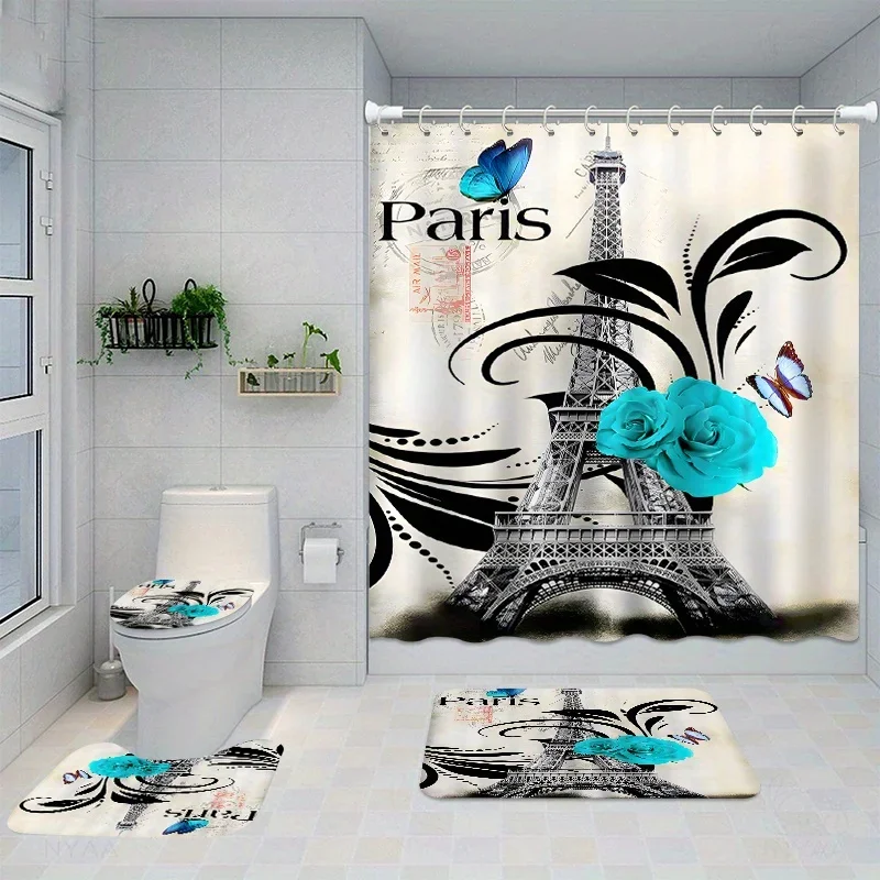 

Elegant Parisian Eiffel Tower Shower Curtain Set with 12 Hooks: Includes Toilet Seat Cover, Bathroom Mat, And Non-Slip Rug - Wat
