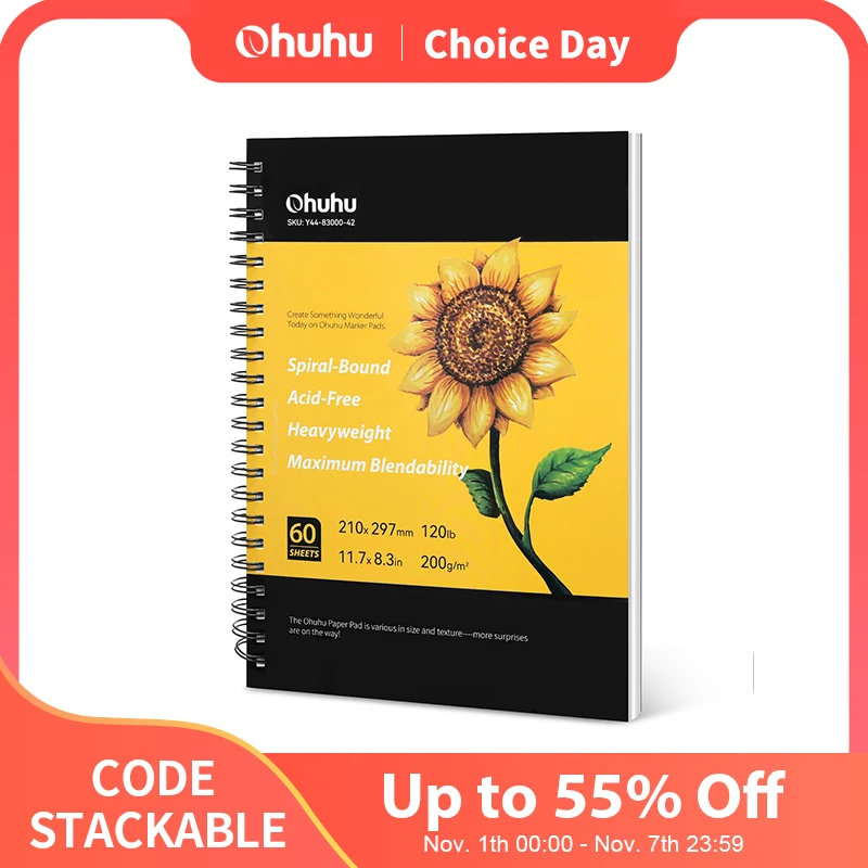 Ohuhu Pennarello rilegato a spirale per pennarelli ad alcool Quaderno per schizzi artistico Blocco di carta per acquerello Quaderno da disegno per pennarelli Regalo scolastico