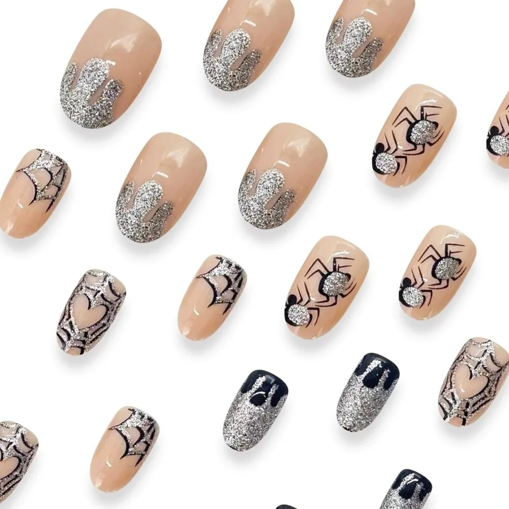 Short Oval Press-on Nails with Glitter Blood Designs, Spider Web False Nails for Women, 24 Pieces