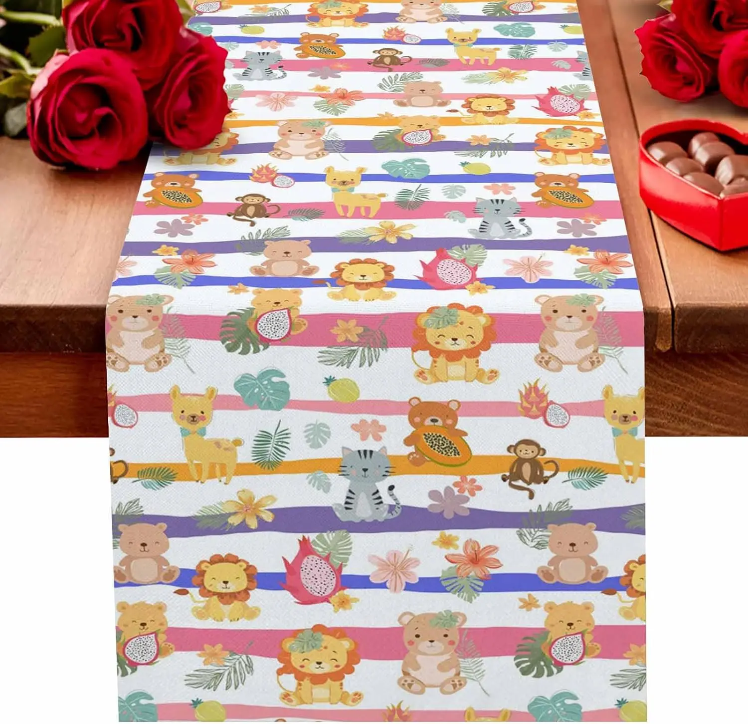Animal Table Runner, Nordic Linen Style Anti-Slip Rectangle, Cute Animal Anime Illustration Flat Print, Stylish Table Center
