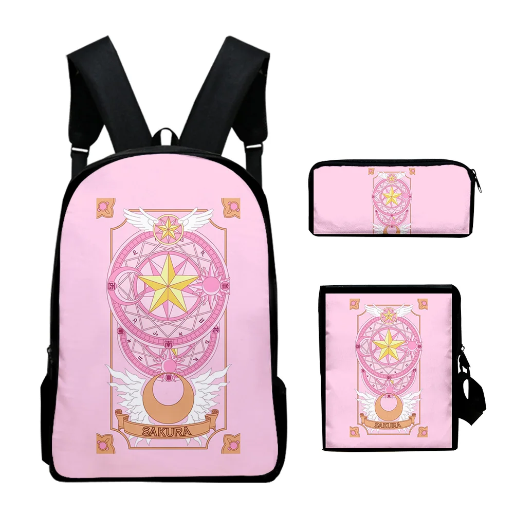 Harajuku popular cardcaptor sakura impressão 3d 3 pçs/set aluno sacos de escola portátil mochila mochila ombro inclinado caso lápis