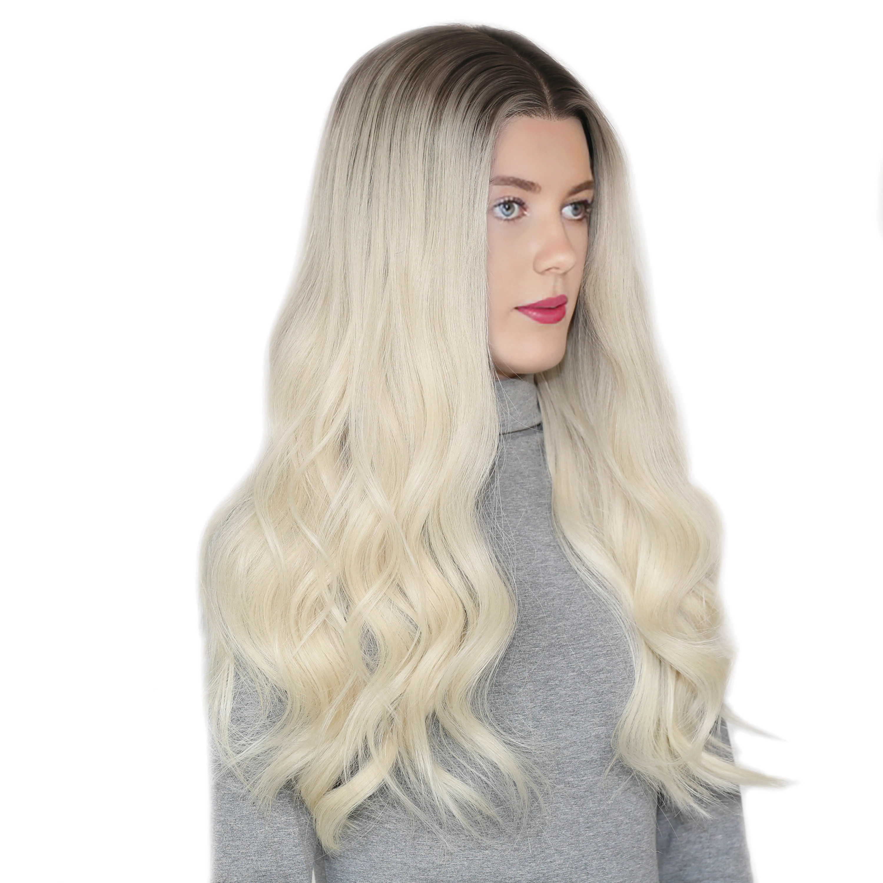 Remy Human Hair Lace Front & Top Wig Pale Blonde Hair Color with Brunette Root Color and Luxury Hand Painted  Balayage Ombre Wig