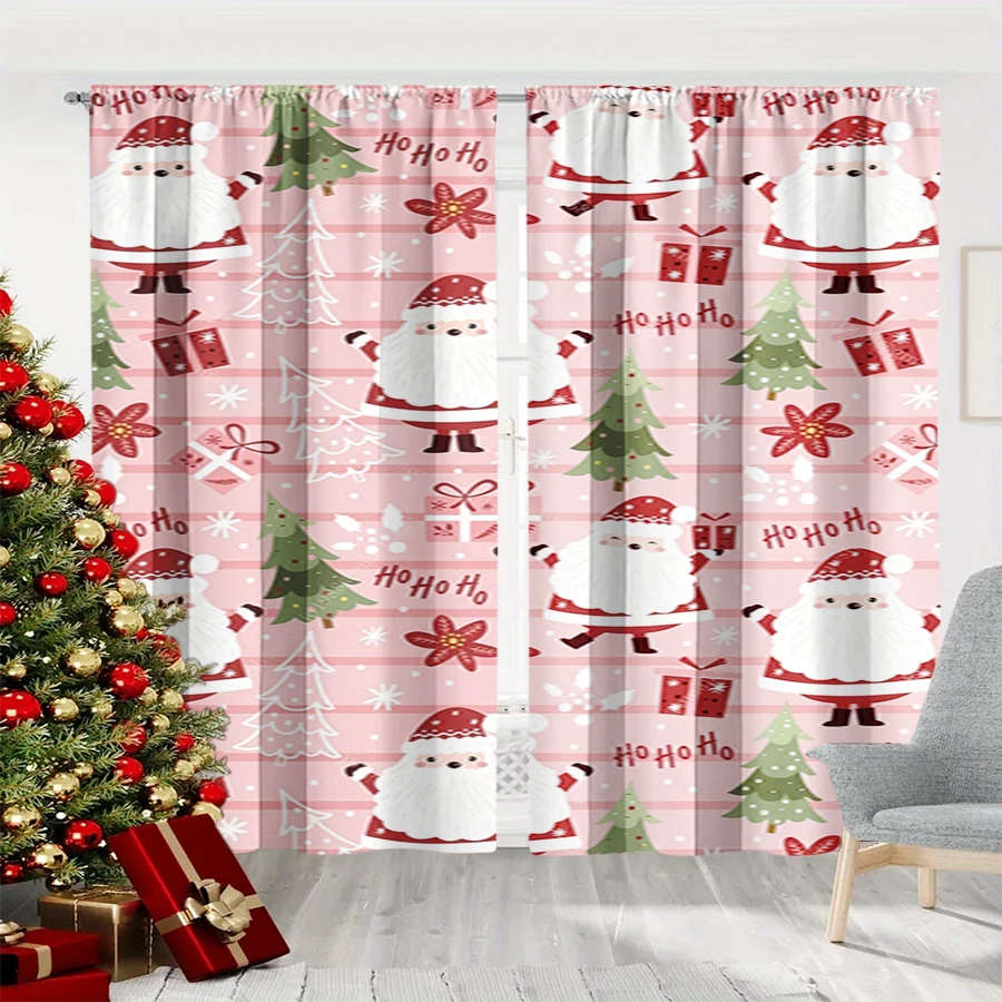 2PCS Christmas Winter Curtains, Pink Santa Claus Tree Gift HO HO HO Snow, Digital Print, Bedroom Living Room, Home Decor