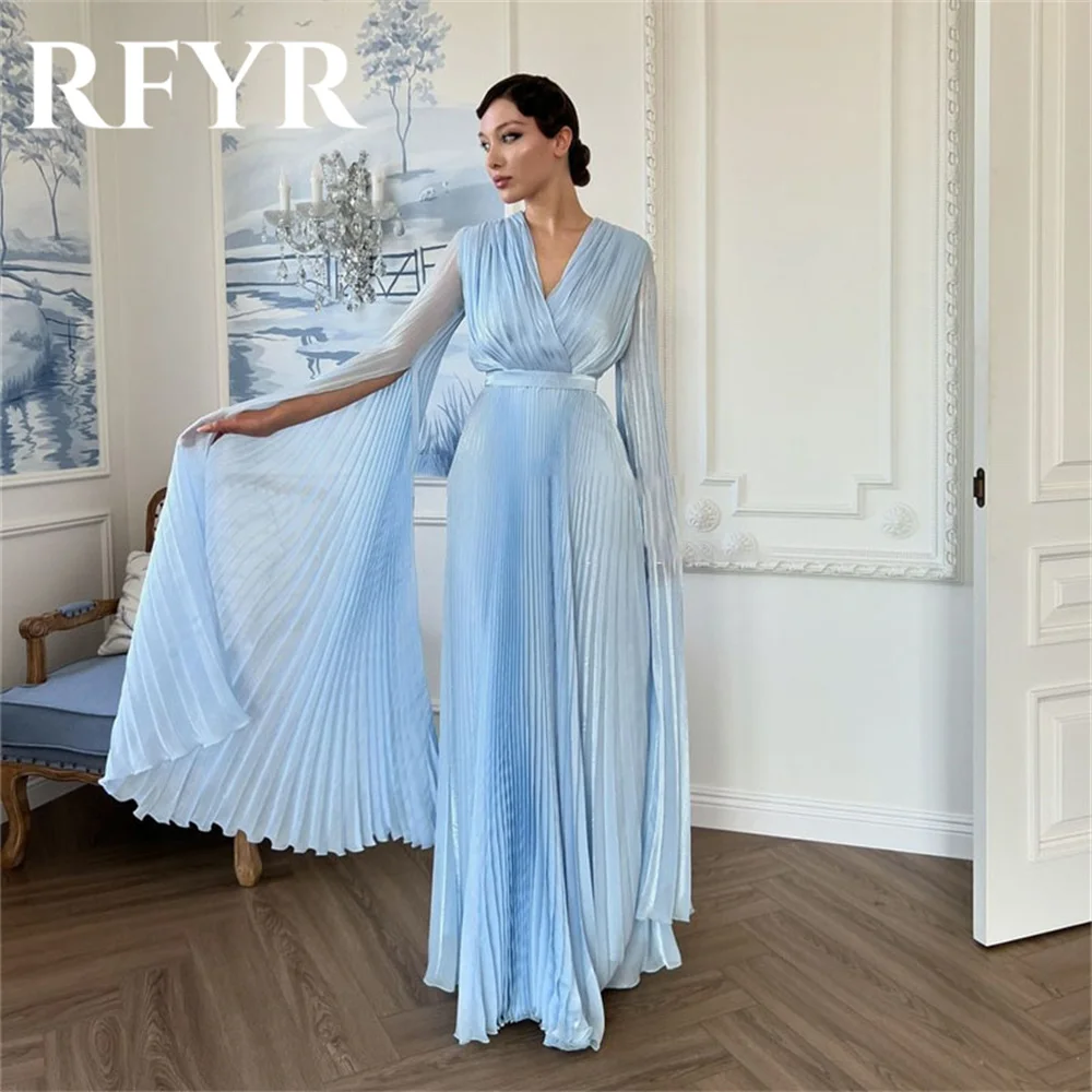 

RFYR Elegant Dubai Blue Evening Dress with Pleat Beach Regular Sleeve Prom Dresses V-Neck Formal Women Party Gown Customized