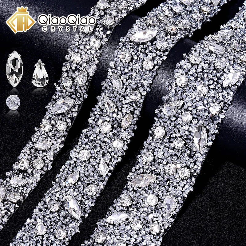 

QIAO-Beaded Trim Resin Hotfix Rhinestone, Triming Crystal Inlaid Ribbon, Iron on Chain for DIY Garment Dress, Wedding Decorative