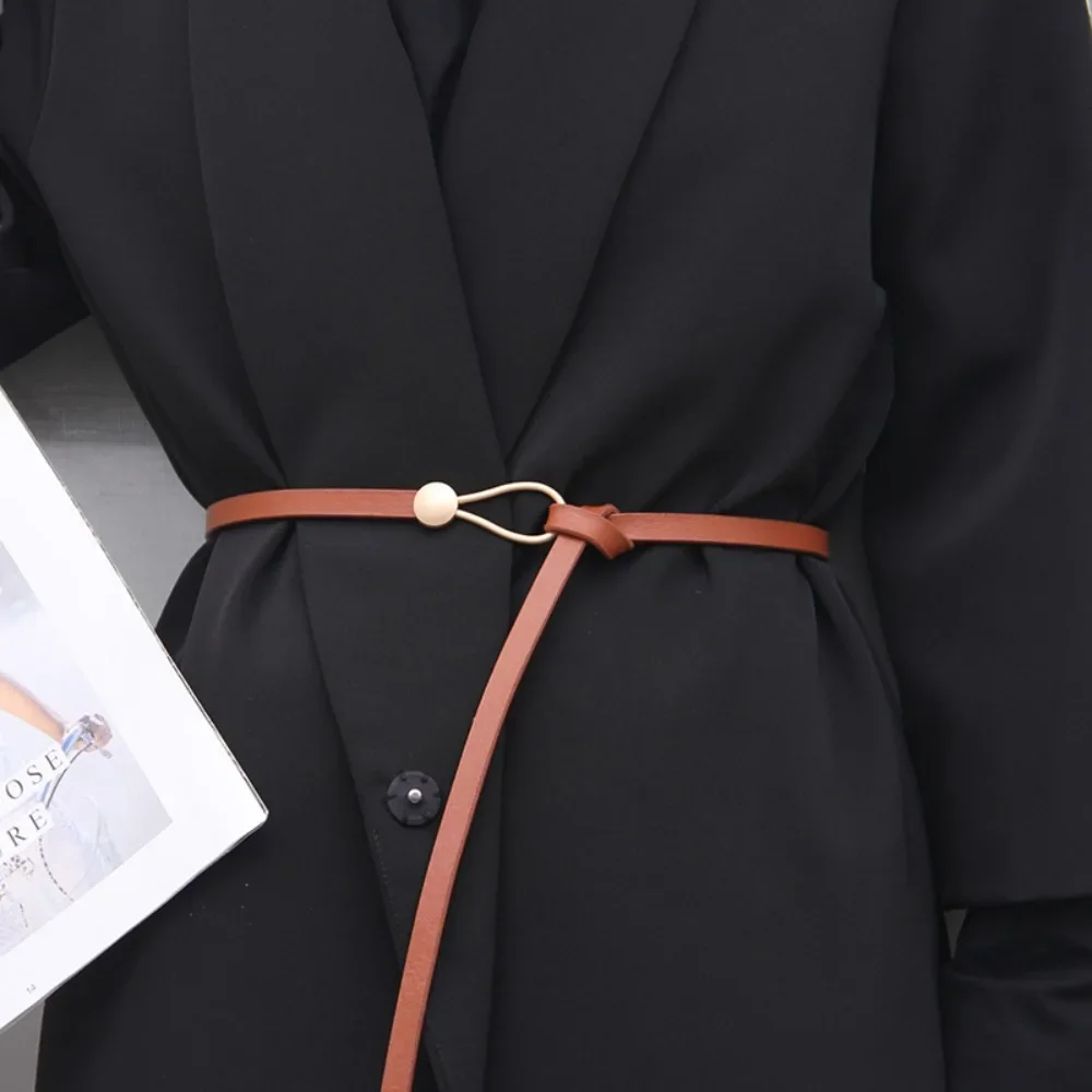 

Thin Belts for Dress Overcoat Shirt Women's Knotted Decorative Belts Fashion Black Coffee Color Waistband PU Waist Belt Chain