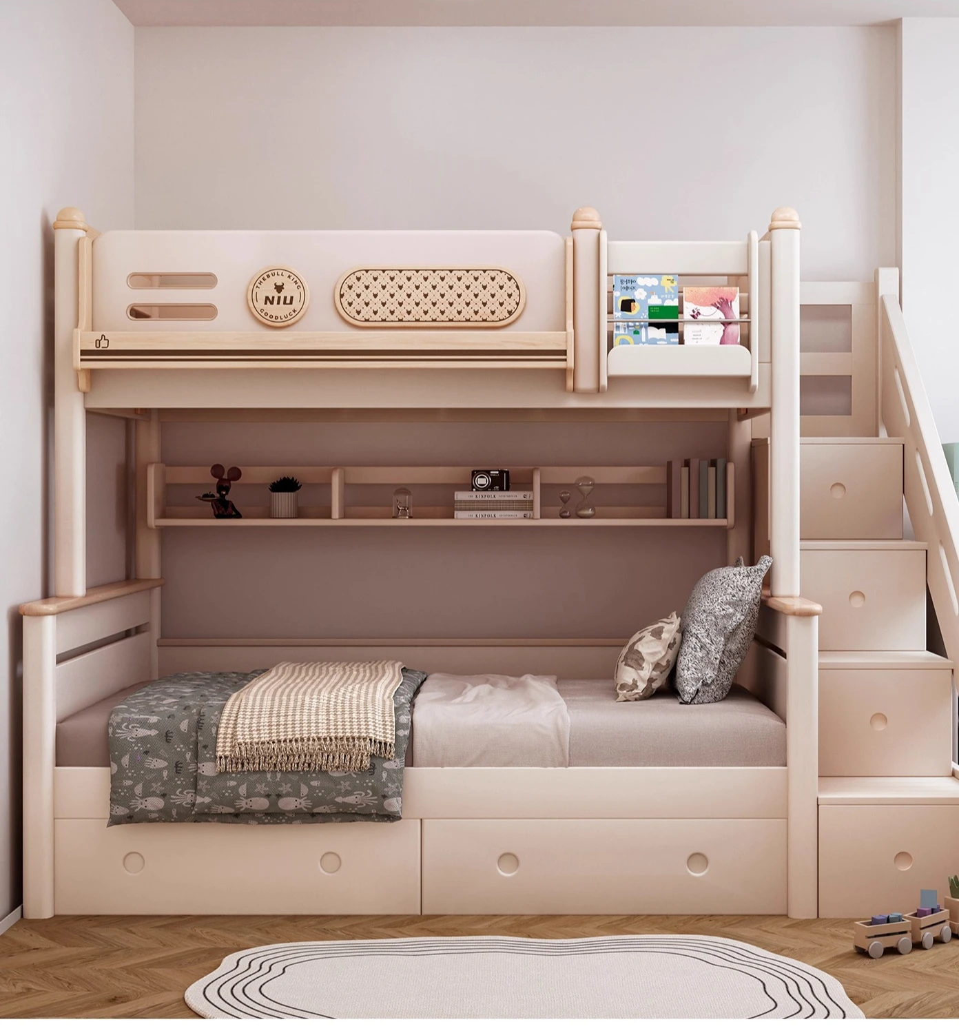 

Кремовая кровать вверх и вниз. Утолщенная высокая и низкая кровать из массива дерева.