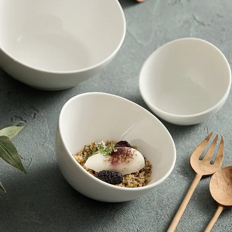 Household Ceramic Bowls, Kitchen Utensils, Salad Bowls, White Slanted Mouth Bowls, Desserts, Buffet, Side Dishes, Tableware