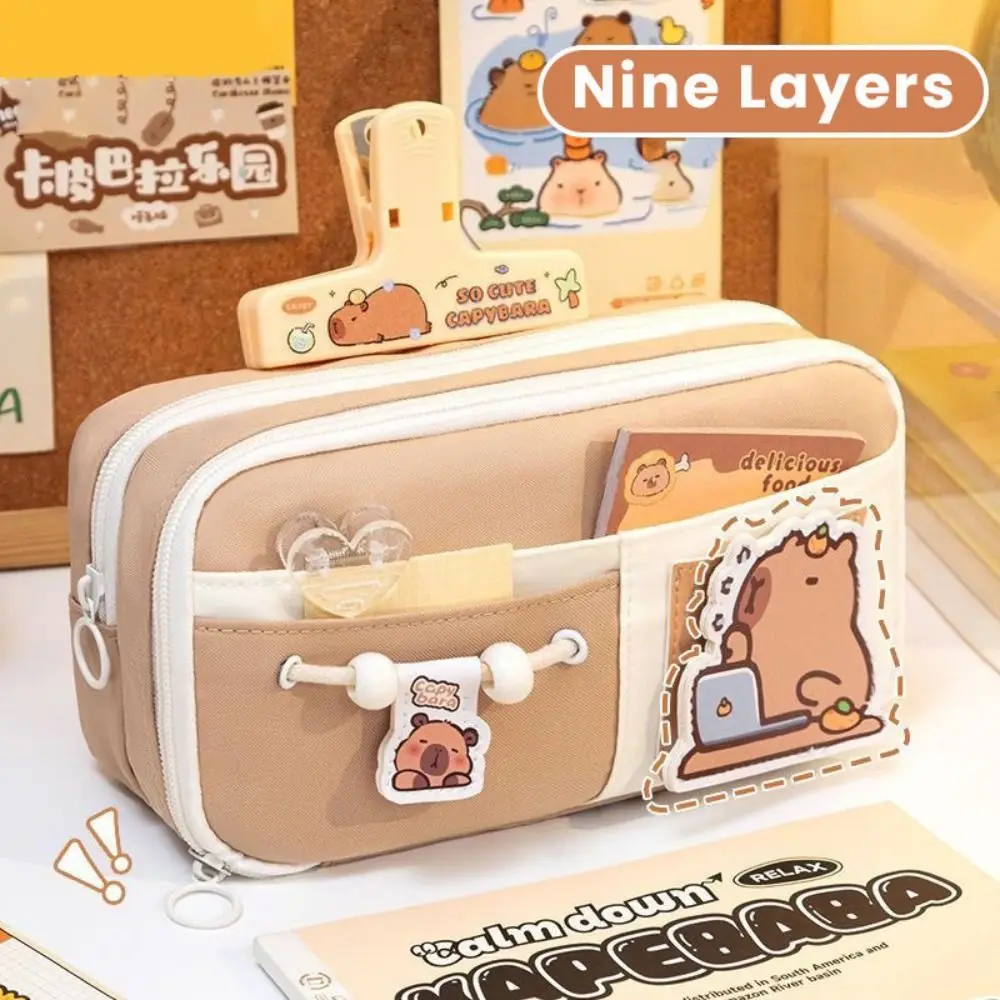 

High Quality Capybara Pen Bag Nine Layers Portable Pencil Case Large Capacity Stationery Bag Students