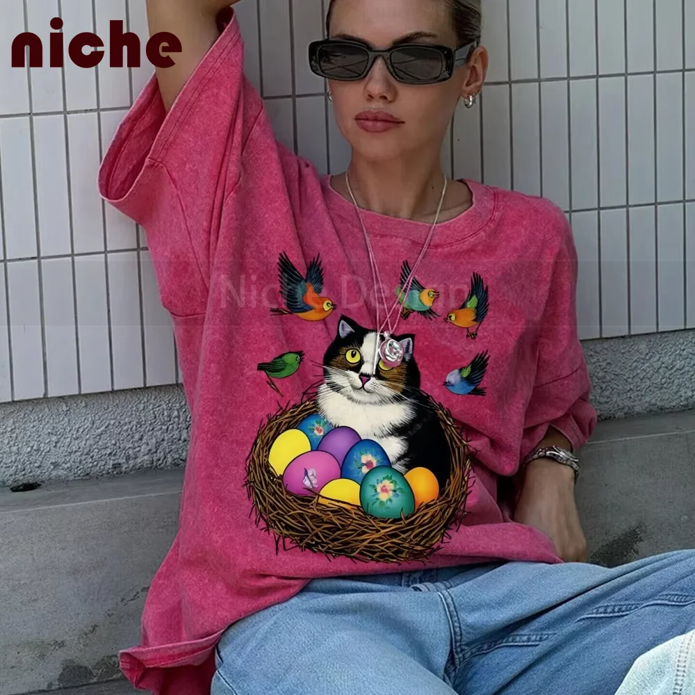 

300g 100% Cotton T-Shirt Neutral Style Multi-color Short-Sleeved Cute Cool Kitten Bird Print T-Shirt Daily Wear Tee
