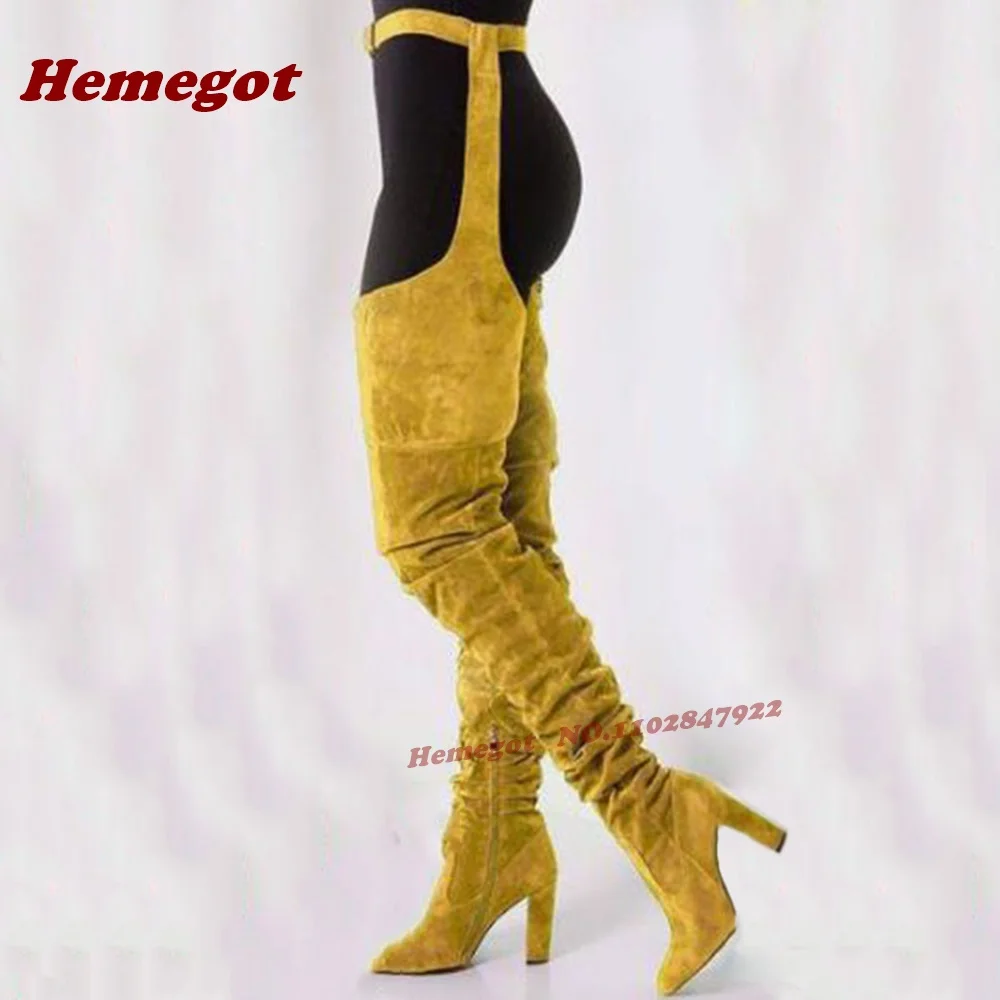 Magenta Chunky Heels Belt-Buckled Long Boots Round Toe Thigh High Pants Boots Side Zipper Suede Elastic Runway Shoes Luxury