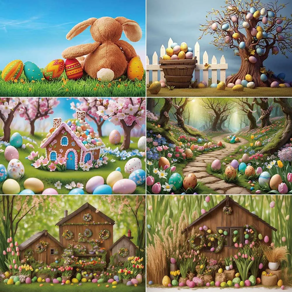 

MOON.QG Easter Cartoon Photography Backdrop Colorful Eggs Forest Mushroom Photocall Background Baby Photo Studio Photozone Props