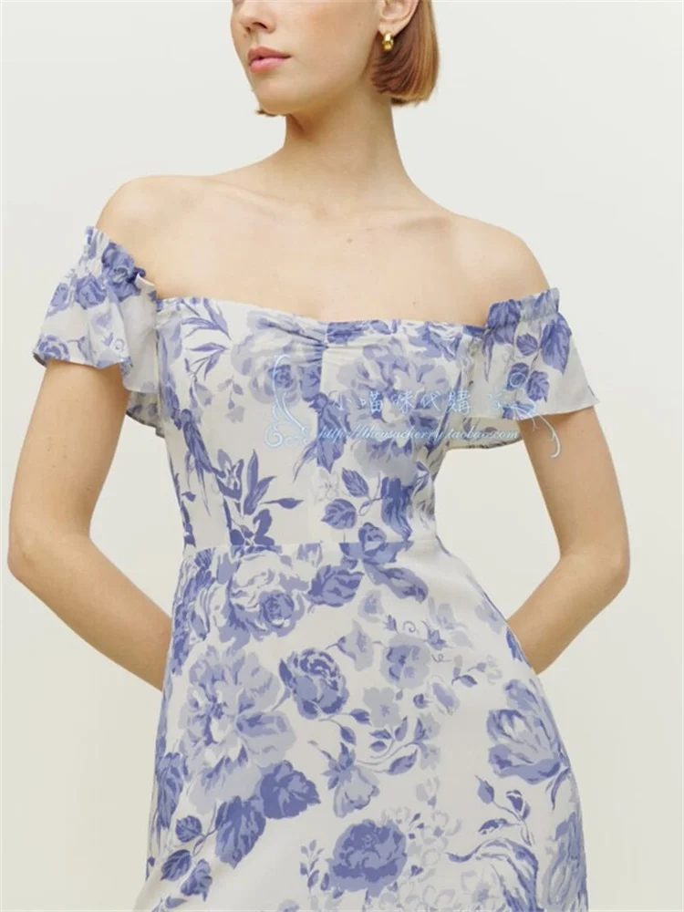 

Viscose Strapless Midi Dress for Women French Floral Print Small Flying Ruffles Trim Long Robes for Holiday Vacation 2024 New