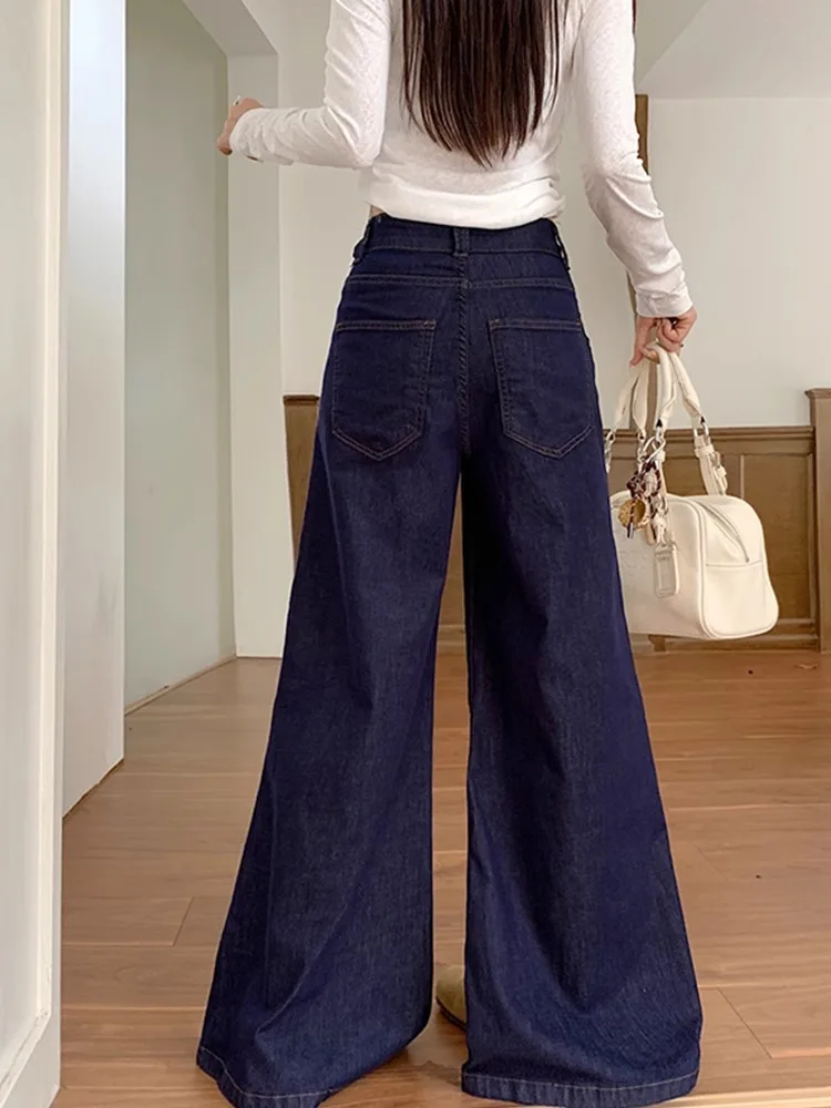 Street Trends Deep blue wide leg jeans women 2025 loose and fashionable all season high waisted hanging down floor pants