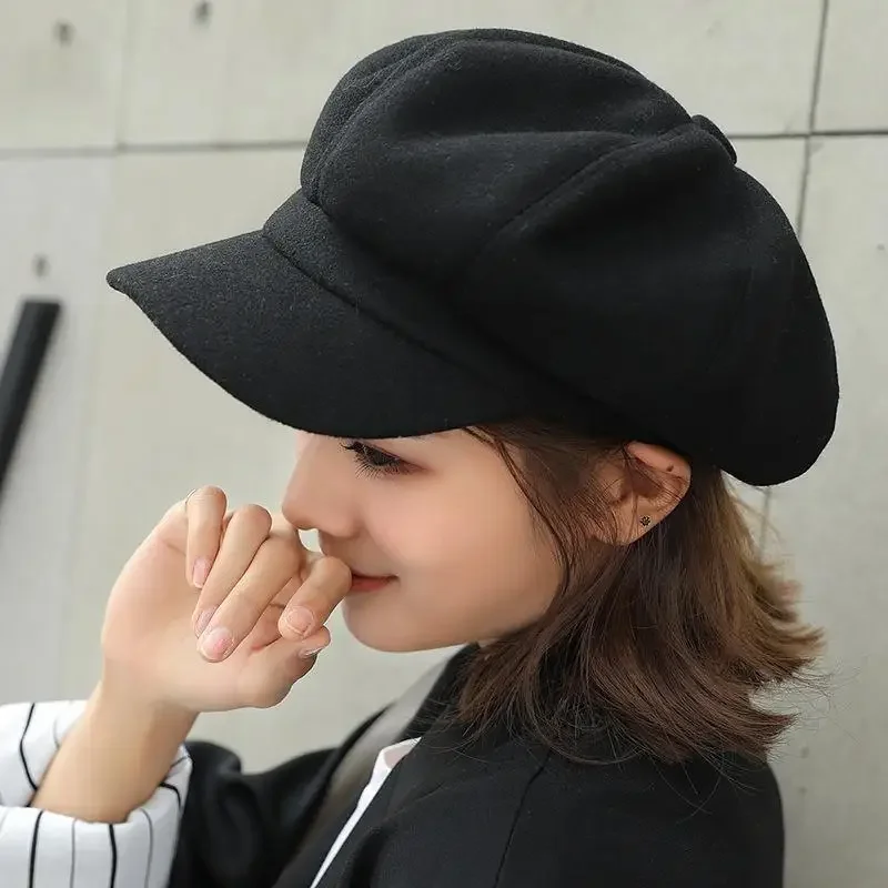 Women's hat Autumn Winter Warm Fashion Octagonal Hat Woolen Cloth Casual Beret Cap Solid Artist Painter Newsboy Hats Black Grey