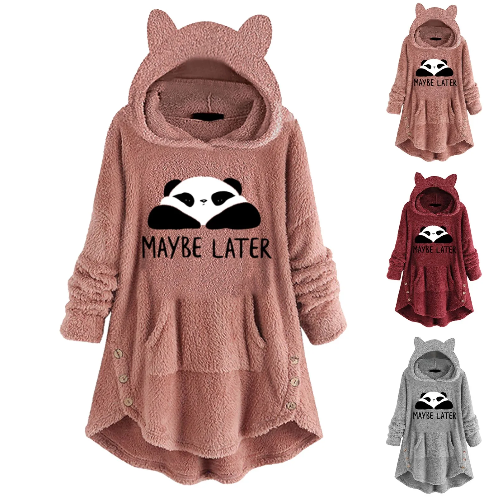 

Hoodies Womens Sweatshirt Fleece Funny Cat Printed Kawaii Cap Pullovers Winter Warm Fluffy Hooded Top Button Moletom