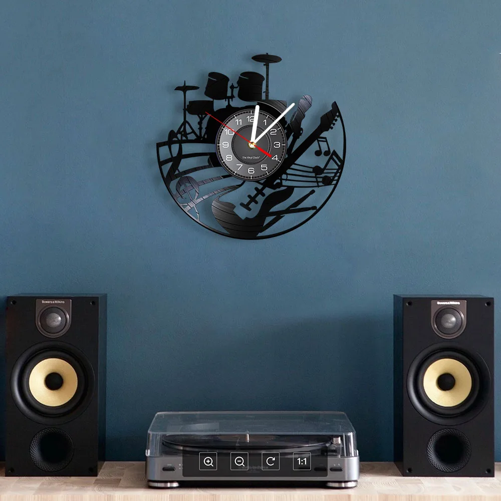 Guitar and Drum Kits Wall Clock Guitar Player Music Vinyl Record Clock Rock Music Instrument Guitar Wall Art Rock n Rock Gift