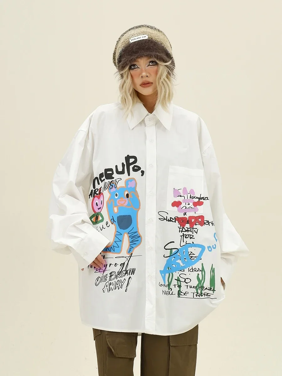 Fun Cartoon Long-sleeved Shirt 2024 Autumn New Loose Bf American College Style Versatile Top Women