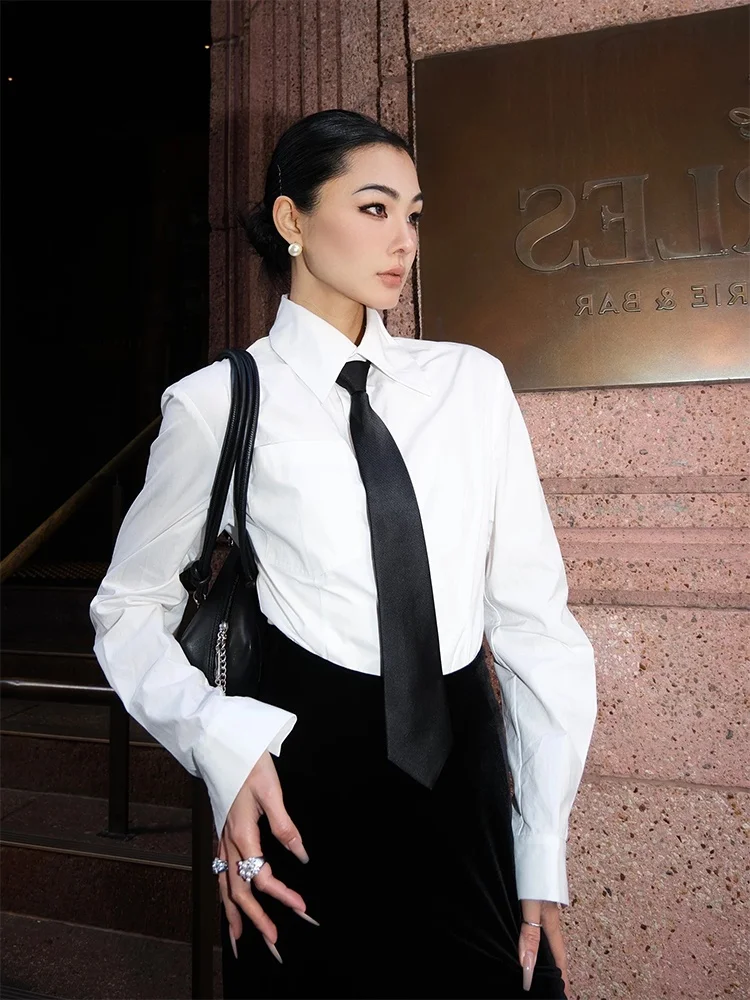 

Женская блузка Ele Commute Sle белого цвета с подплечниками, приталенного кроя, с завязками, осенняя новинка, тонкий топ