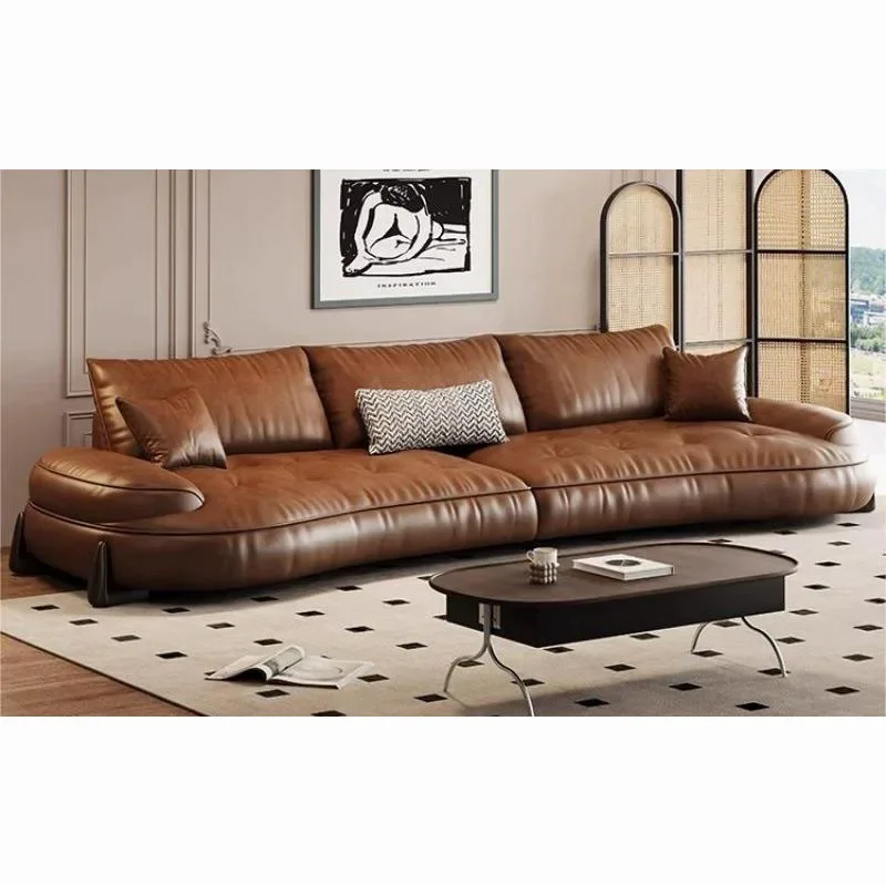 Italian minimalist leather sofa with curved retro top layer cowhide living room, modern and minimalist designer sofa combination