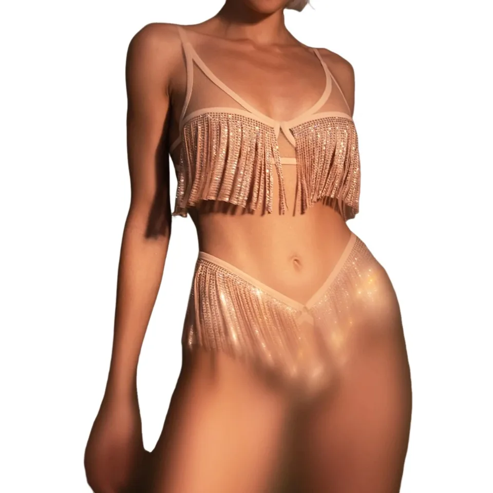 Cross border 2026 sexy fashion sequin tassel hollow splicing perspective mesh backless underwear split set