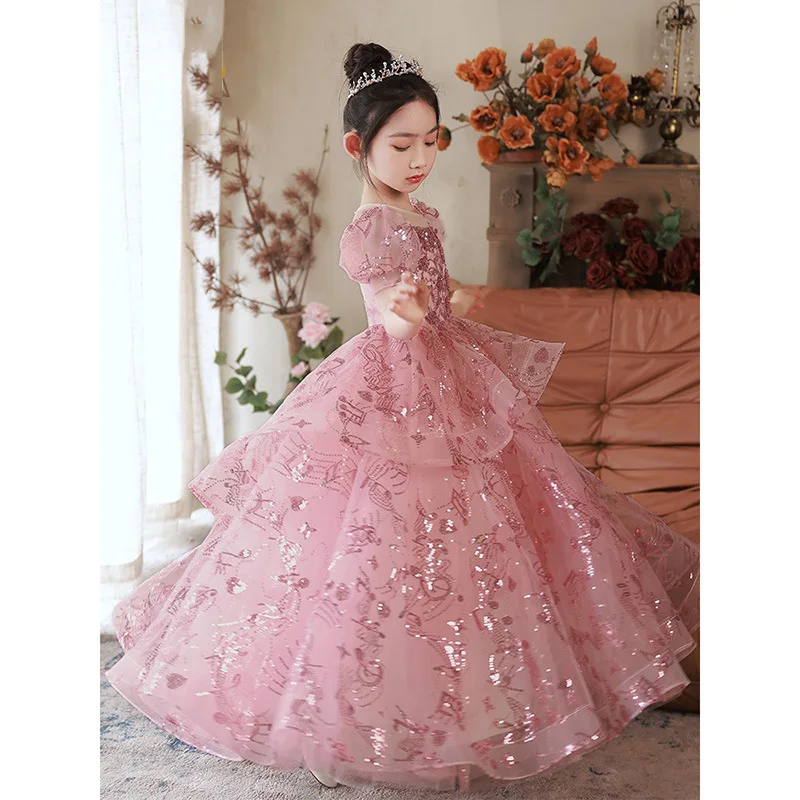 Evening Princess Girls Party Sequins Prom Tulle Dress Fluffy Flower Girl Wedding Toddler Dresses for Kids First Communion Dresse