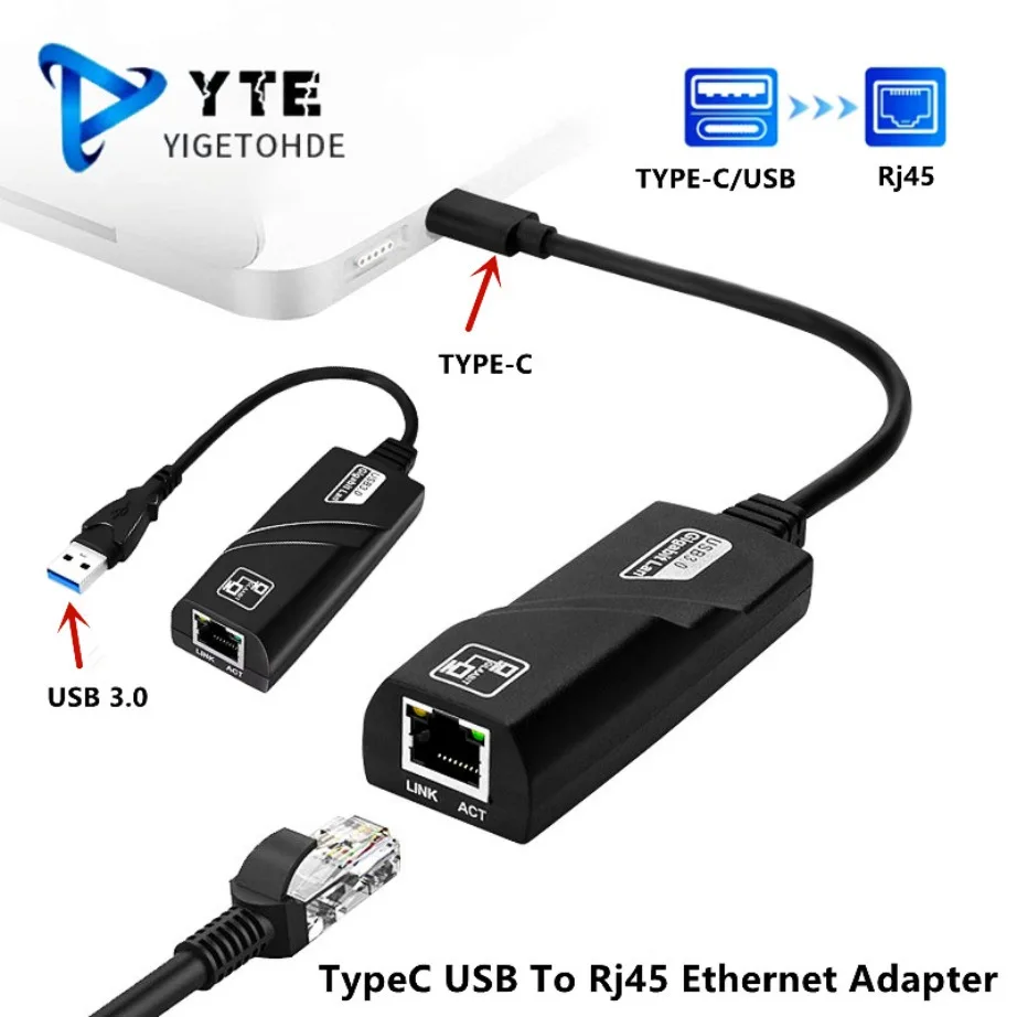 

YIGETOHDE Wired 1000Mbps USB 3.0 Type-C To Rj45 Lan Ethernet Adapter Network Card for PC Macbook Windows Laptop Portable Adapter