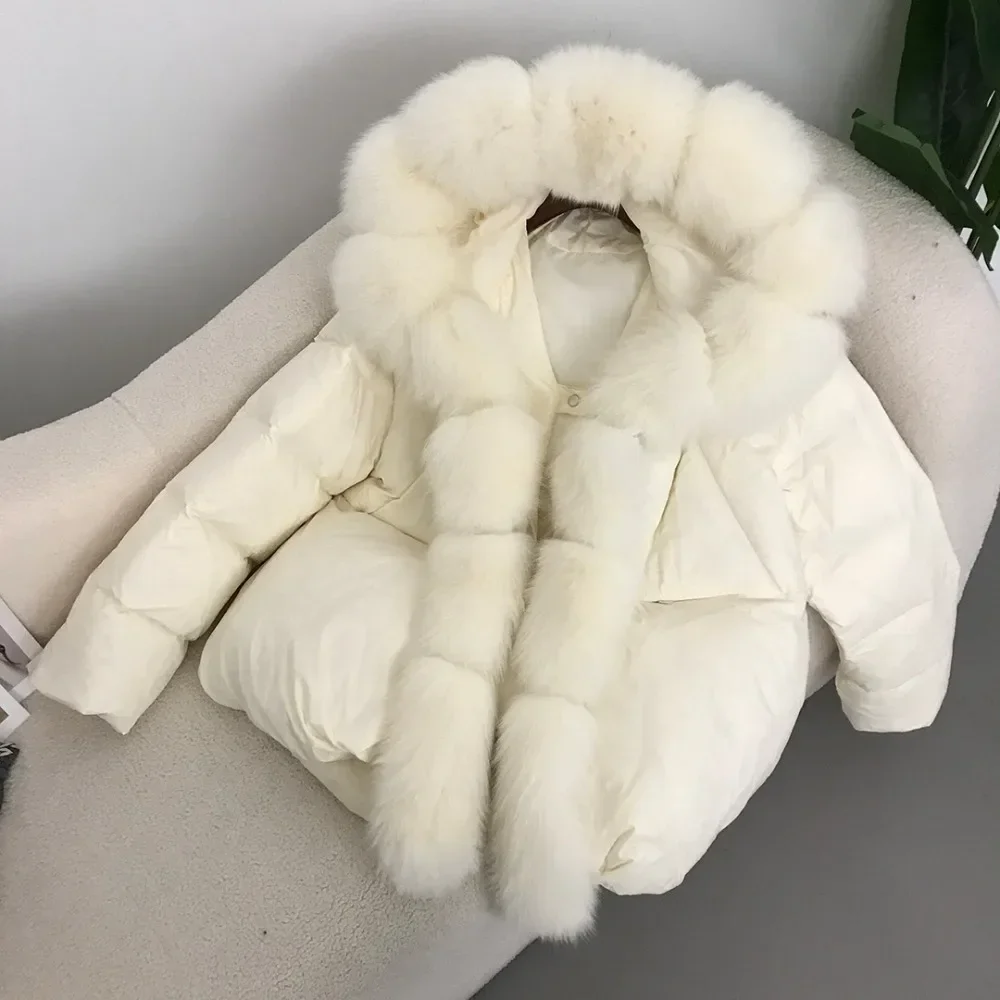 White Duck Down Jacket New Fashion Real Fox Fur Coat Oversize Fox Fur Collar Jacket Winter Women Big Fur Thick Warm Outerwear