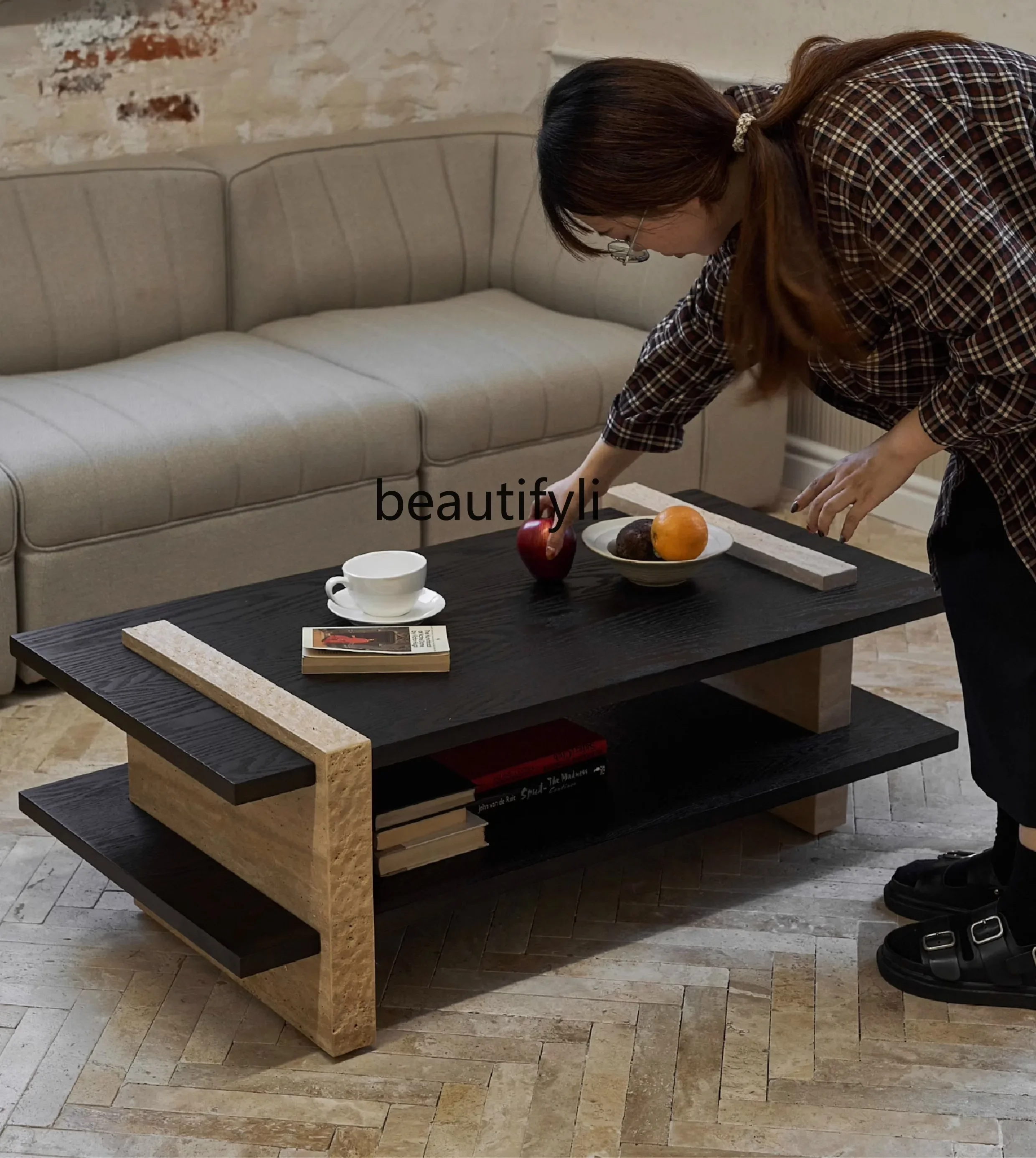 

zzSili Style Solid Wood Tea Table Living Room Natural Simple Stitching Cave Stone Square Small Tea Table Home Furniture
