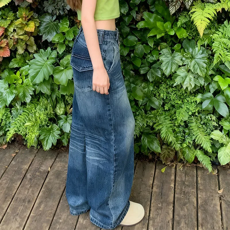 Otoño 2025 Y2K Dongdaemun Pantalones vaqueros lavados vintage para mujer Pantalones drapeados de pierna recta relajados hasta el suelo