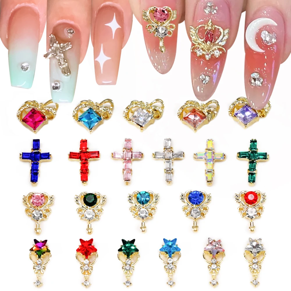 

10Pcs Gold/Silver Cross Nail Charms Luxury Nail Art Jewelry Shiny Zircon Diamond Rhinestone Sailor Moon Nail Accessories Supplie