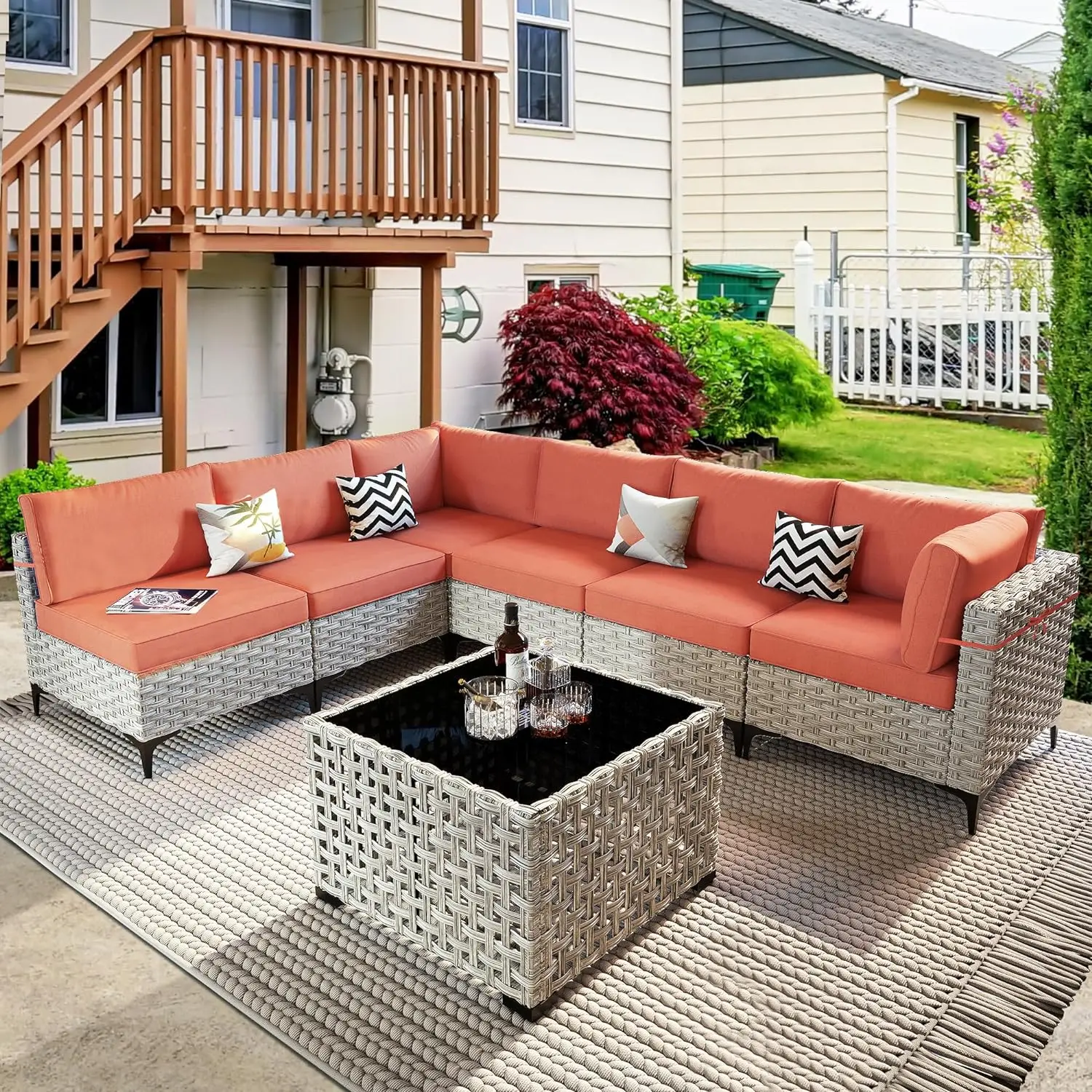 Wicker Patio Furniture Set,Outdoor Rattan Modular Sectional Sofa,Outside Coversation Set with Solar Coffee Table