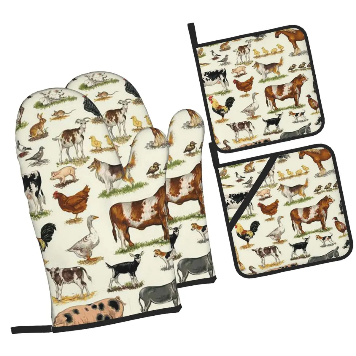 Country Farm Animals Farmhouse Village Pet Oven Mitts and Pot Holder for Baking Kitchen Cooking Resistant Non-Slip Gloves