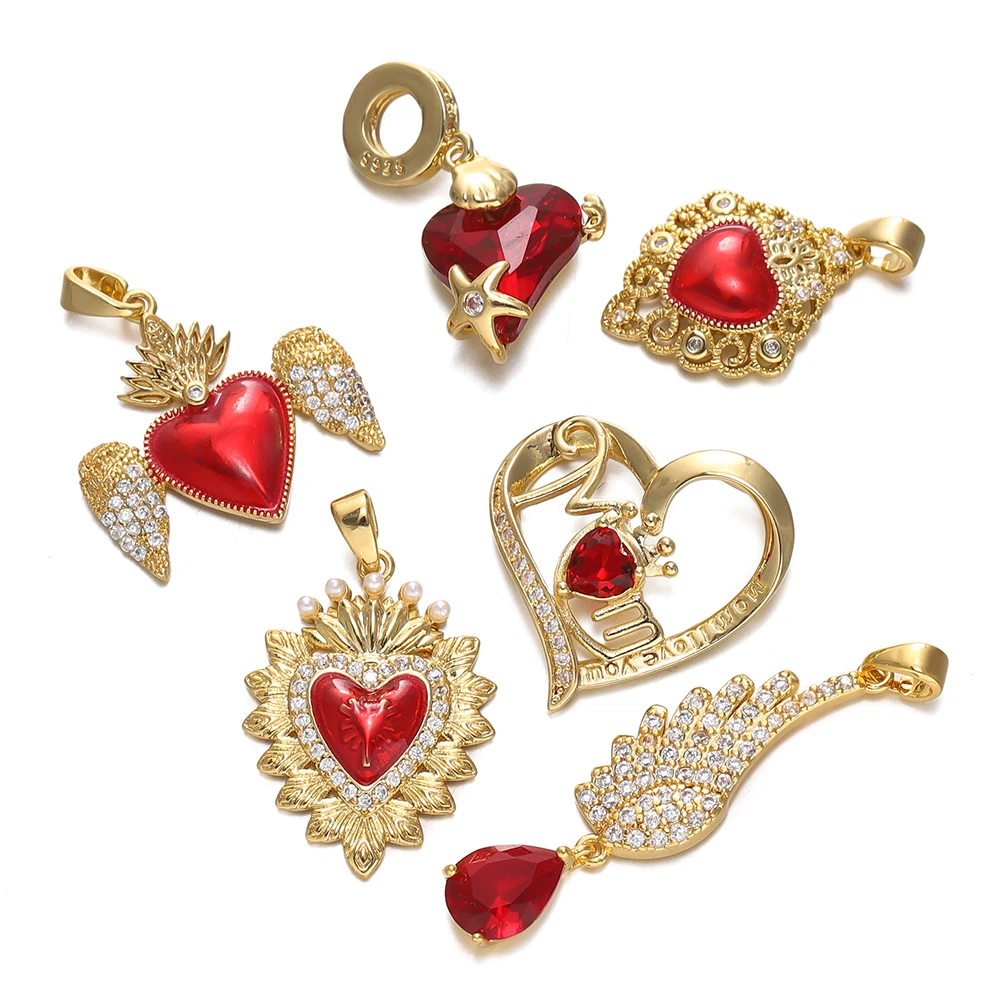 New in Sacred Red Heart Charm Love Zircon Charm Pendant Fashion Wing 18K Gold Plated for DIY Jewelry Making Supplies