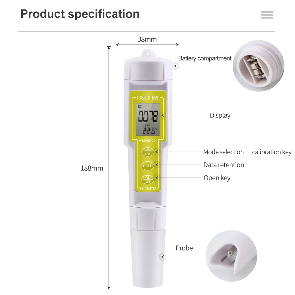 Neues digitales 3-in-1-Temperatur-EC-TDS-Messgerät 0 ~ 99999 US/cm EC-Tester Wassermessgeräte für Pools, Trinkwasser, Aquarien