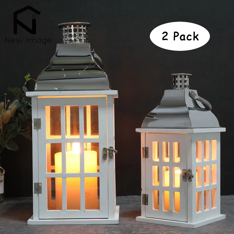 

2Pcs Vintage Hanging Lantern Decorative Candle Lanterns Wood and Stainless Steel Lanterns Handle for Garden Wedding Home Decor