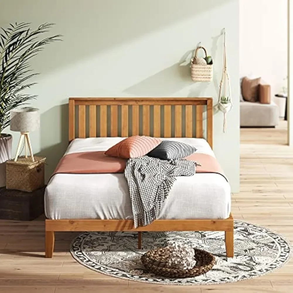 Wood with Headboard Bed Frame with headboard, Solid Wood Foundation with Wood Slat Support