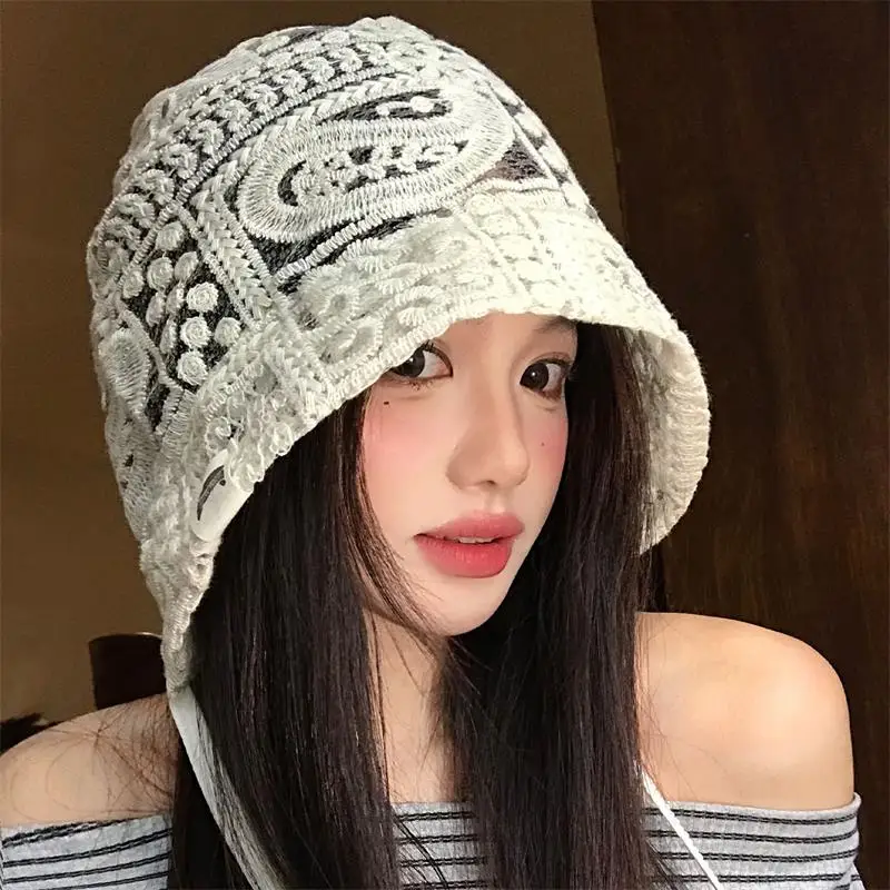

Korean INS Style Drawstring Hollow Knitted Lace Crochet Headscarf Hat Breathable Elegant Sweet Atmospheric Fashionable To Wear