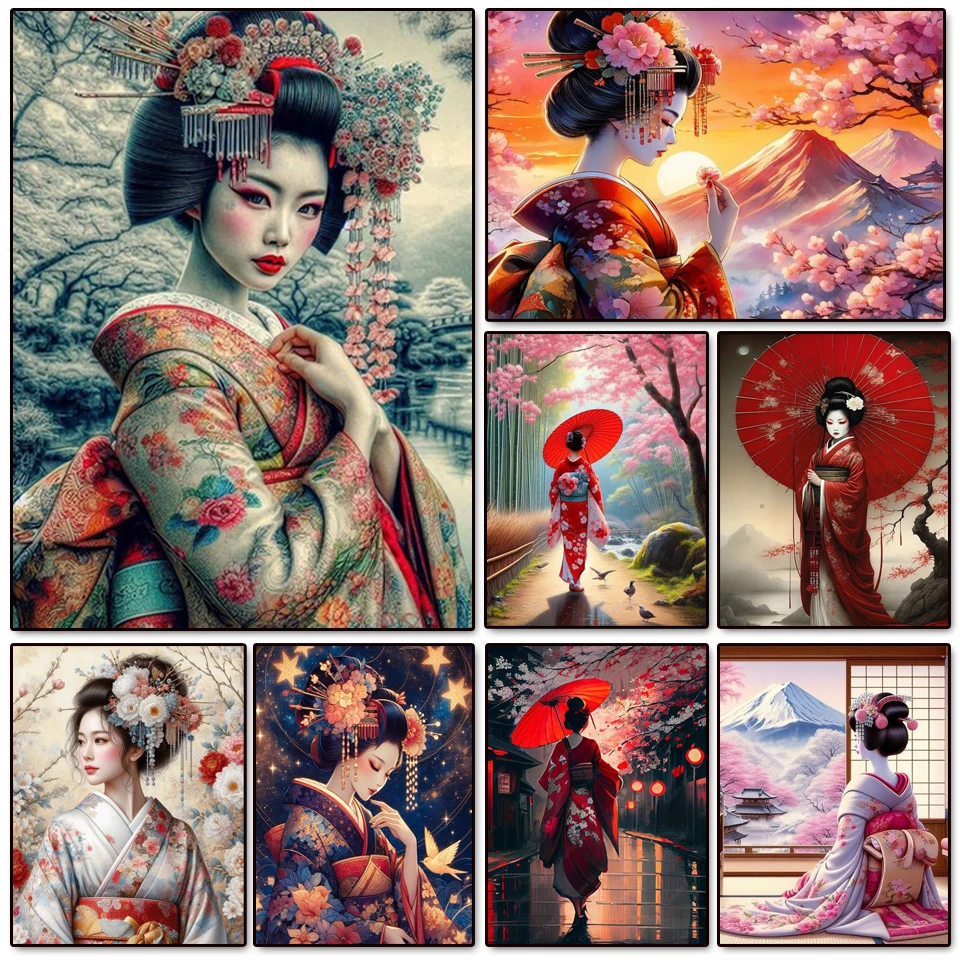 5D DIY Diamond Painting Kimono Woman Geisha Japanese Style Cross Stitch Embroidery Diamond Mosaic Kit Rhinestone Home Decoration