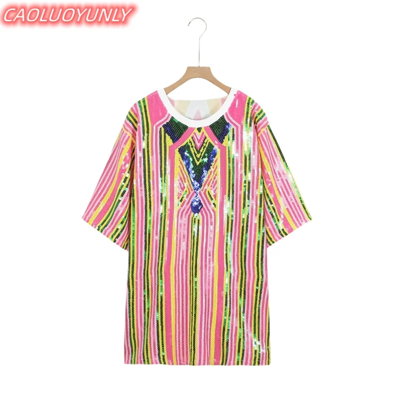 Summer High Quality Streetwear Short Sleeve Sequins Geometric Striped Patchwork T-Shirt Hip Hop Round Neck Straight Women's Wear