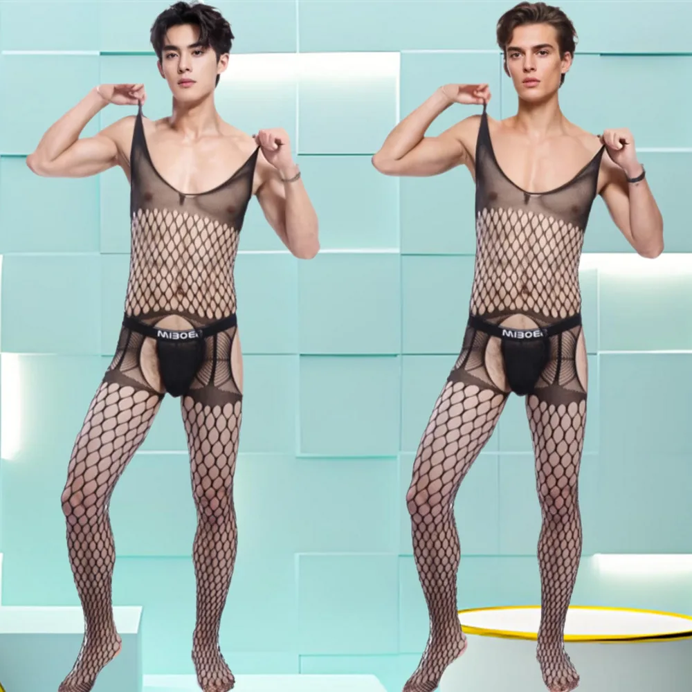 

Мужская одежда для сна с открытой промежностью, экзотическое боди с рыболовной сеткой, модные колготки, мужское прозрачное нижнее белье, порно комбинезон, одежда для ночного клуба