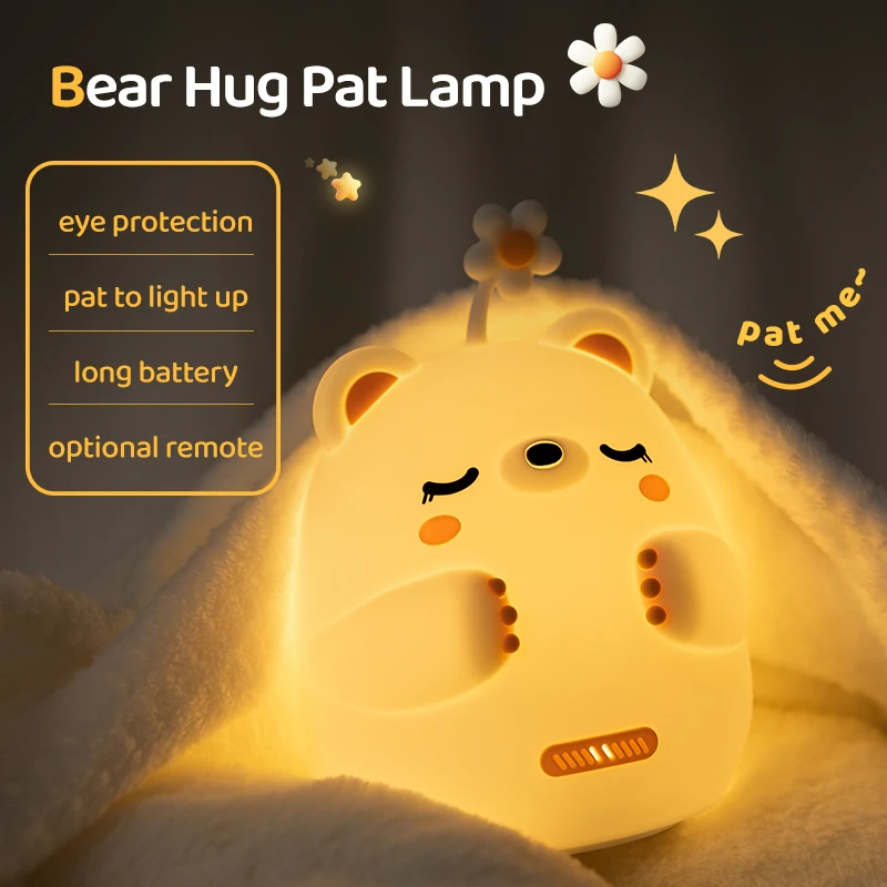 Lovely Bear Hug Night Light USB Rechargeable Silicone Lamp Creative Cartoon Clapping Lamp Home Decoration Birthday/Festival Gift