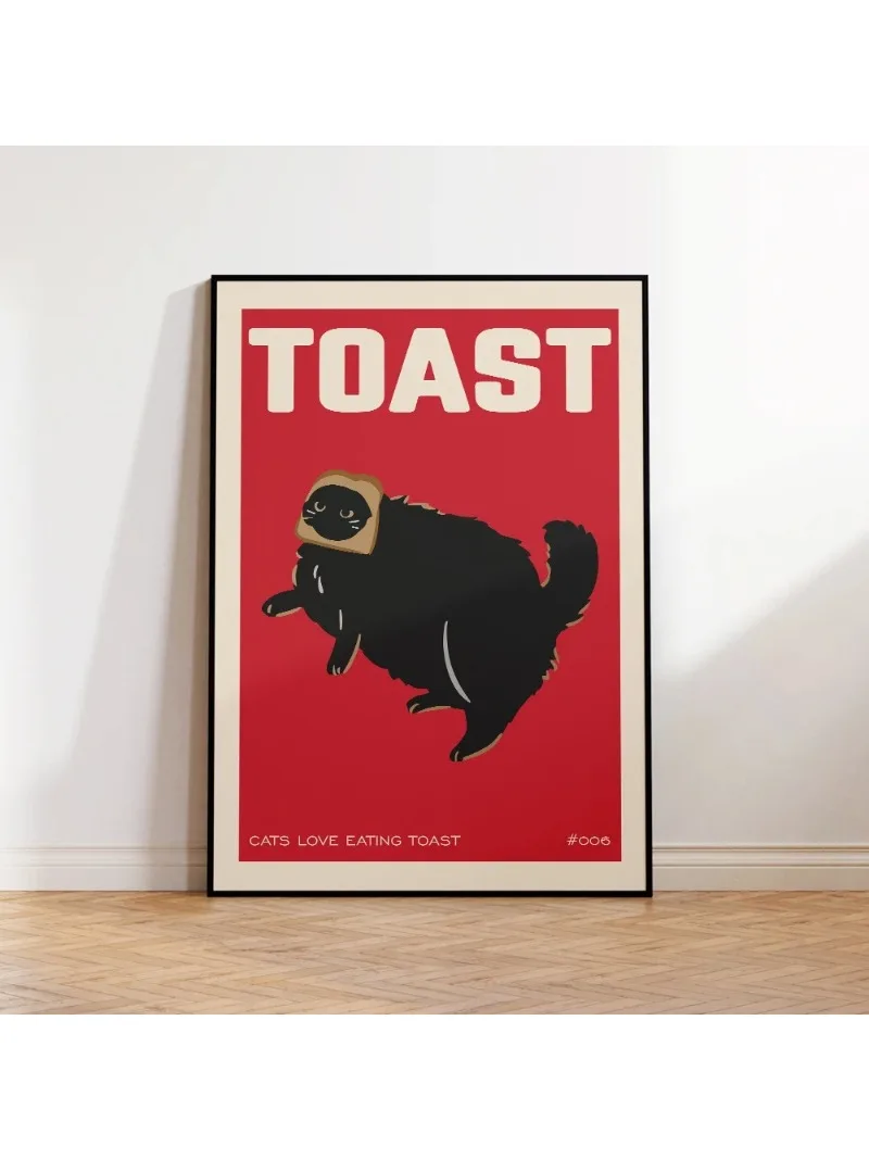 Interesting black cat toast poster, cute cat wall art print, minimalist cat decoration, pet themed canvas painting, frameless