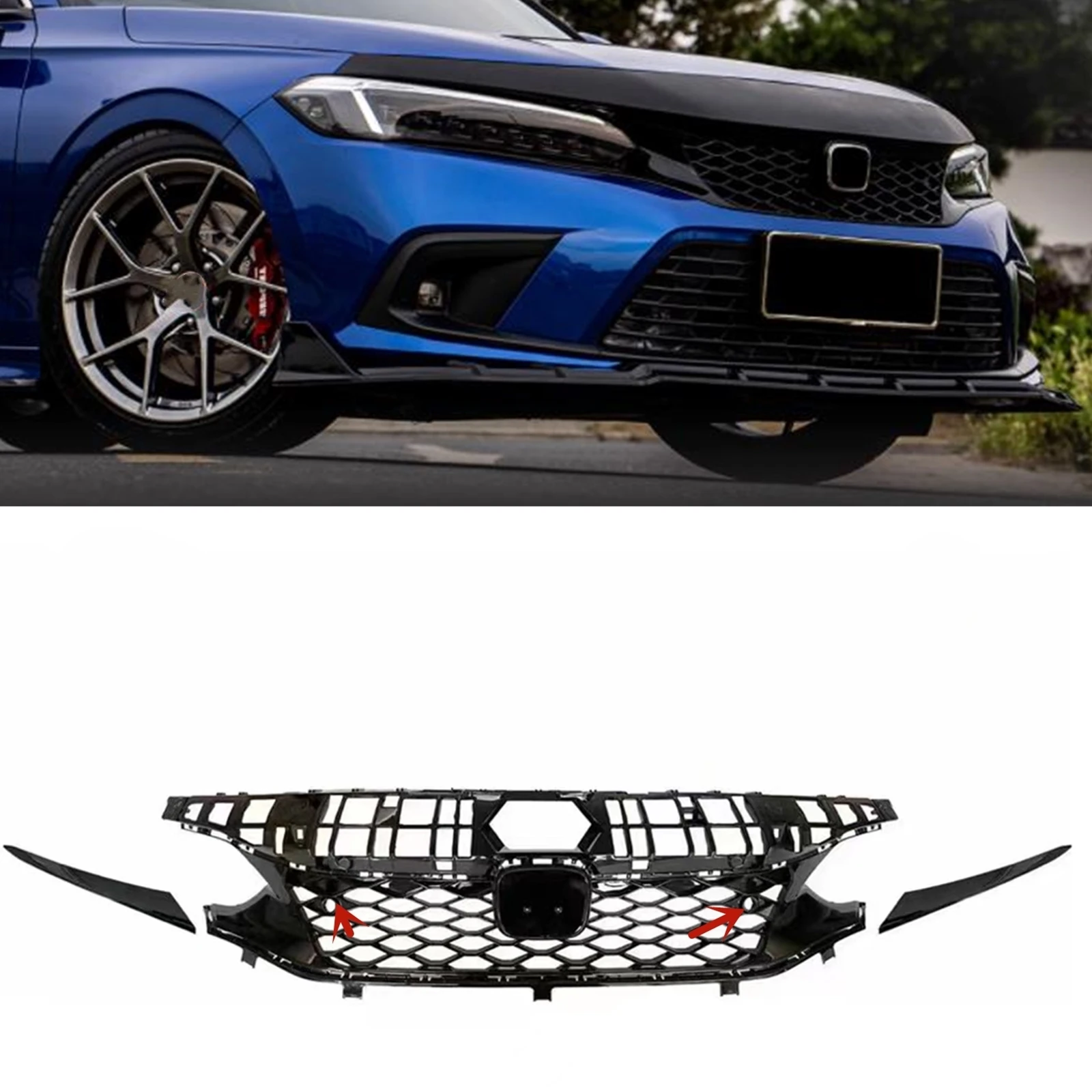 

For Honda Civic 11th Hatchback Only 2022 2023 2024 Type R Style Front Grille Racing Grill Mesh Grid Upper Bumper Hood Cover Trim