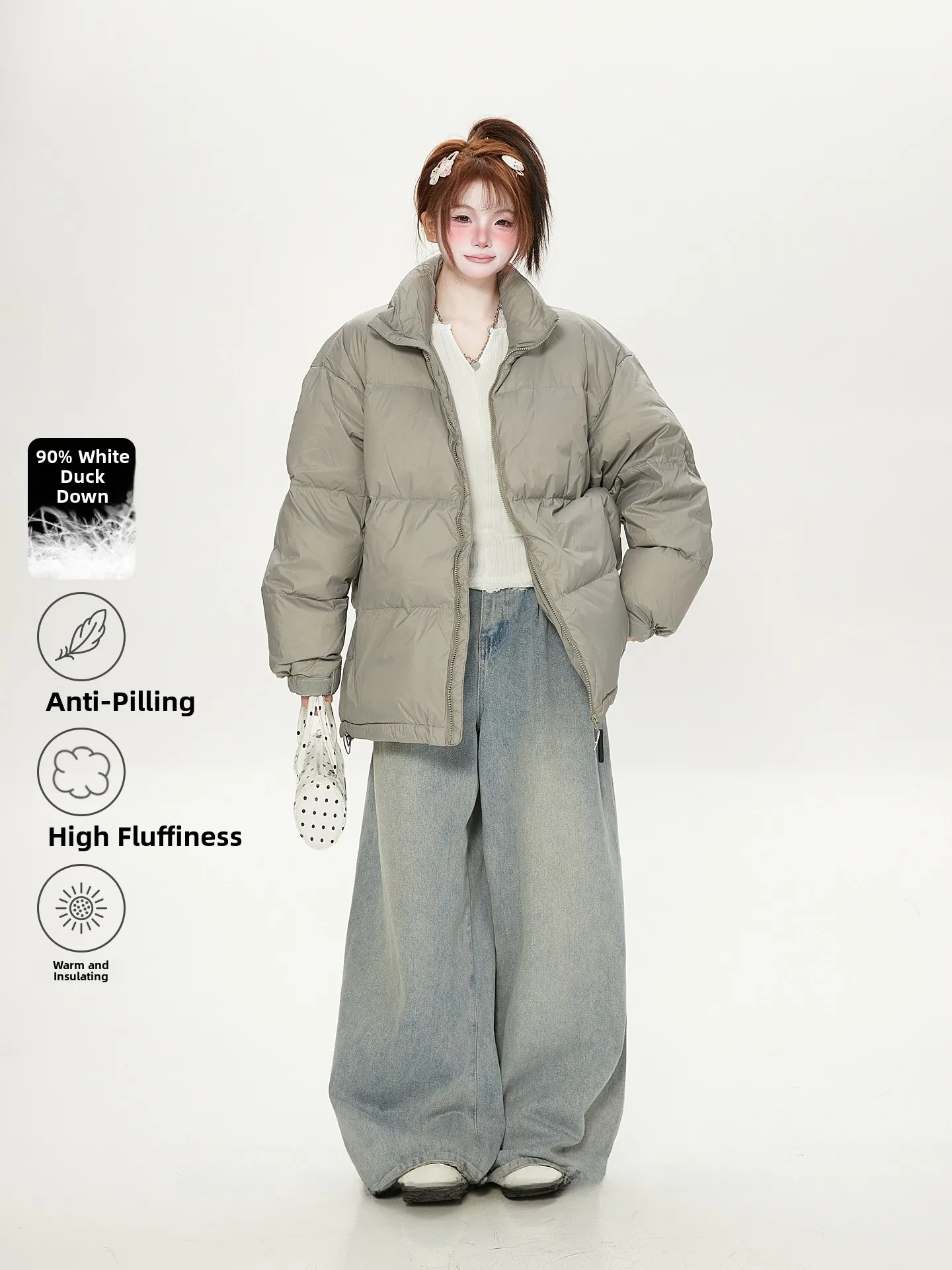 

Warm Du down Puffer Jaet Women's Loose Fit Stand Collar Bread Sle Coat White Du Feather Couples Cotton down Coat