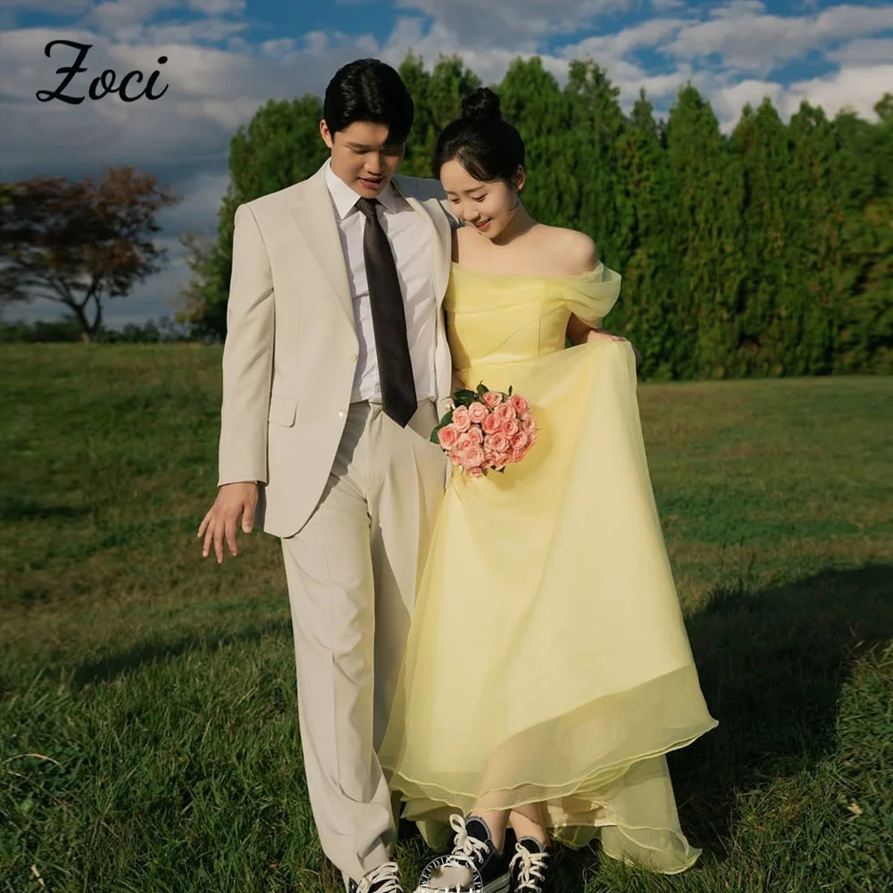 

Zoci Customized Yellow Organza Evening Dresses Korea Formal Prom Gowns Short Sleeves Bride Wedding Photos Shoot Lady Party Dress