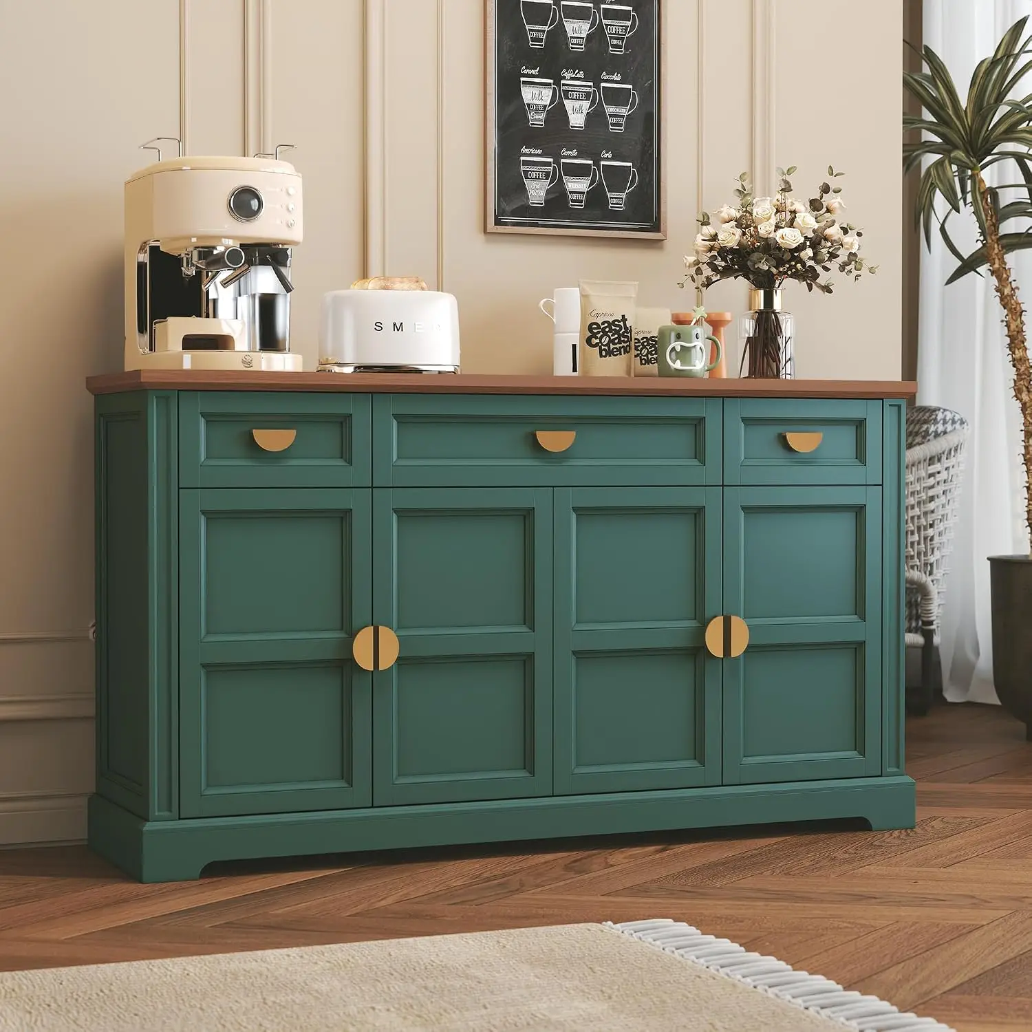 60'' Shaker-Style Large Sideboard Buffet Cabinet With Storage, Green, Customized