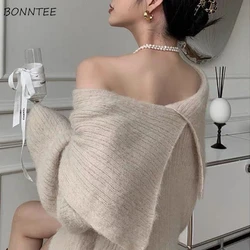 Knitting Pullovers Women Spring Autumn Solid Loose Slash Neck Long Sleeve Back Slit Sweaters Off-shoulder Streetwear Fashion Ins