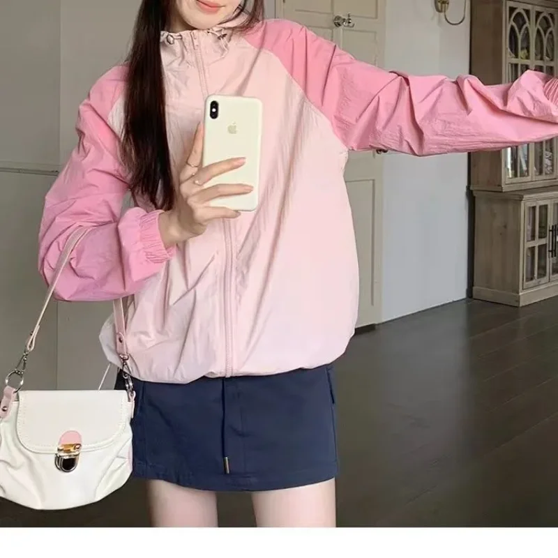 Women Color Block Hooded Zip Up Thin Long Sleeve Casual Outdoor Coat